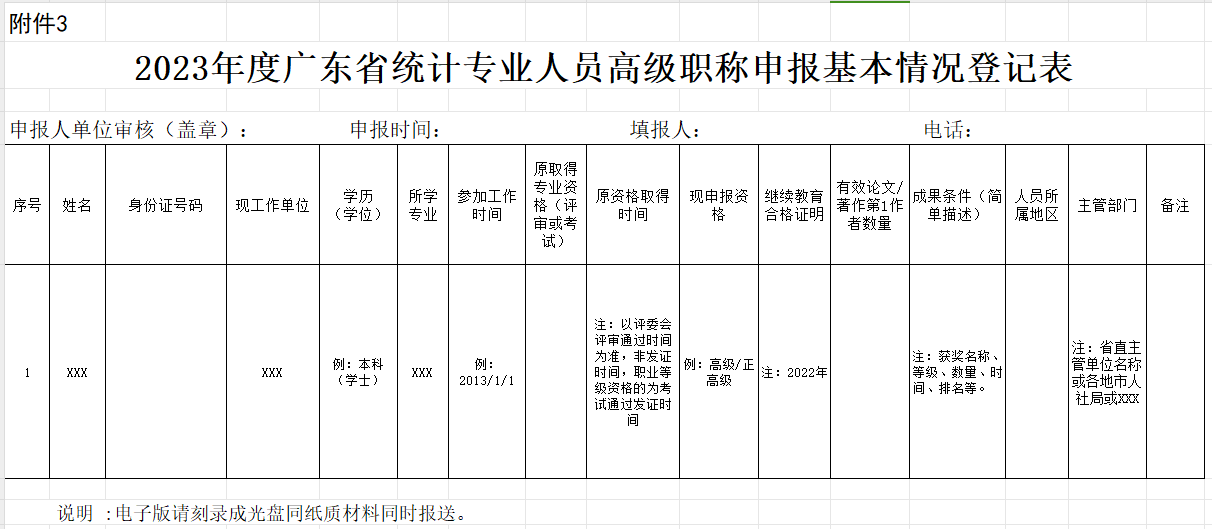 2023年度广东省统计专业人员高级职称申报基本情况登记表
